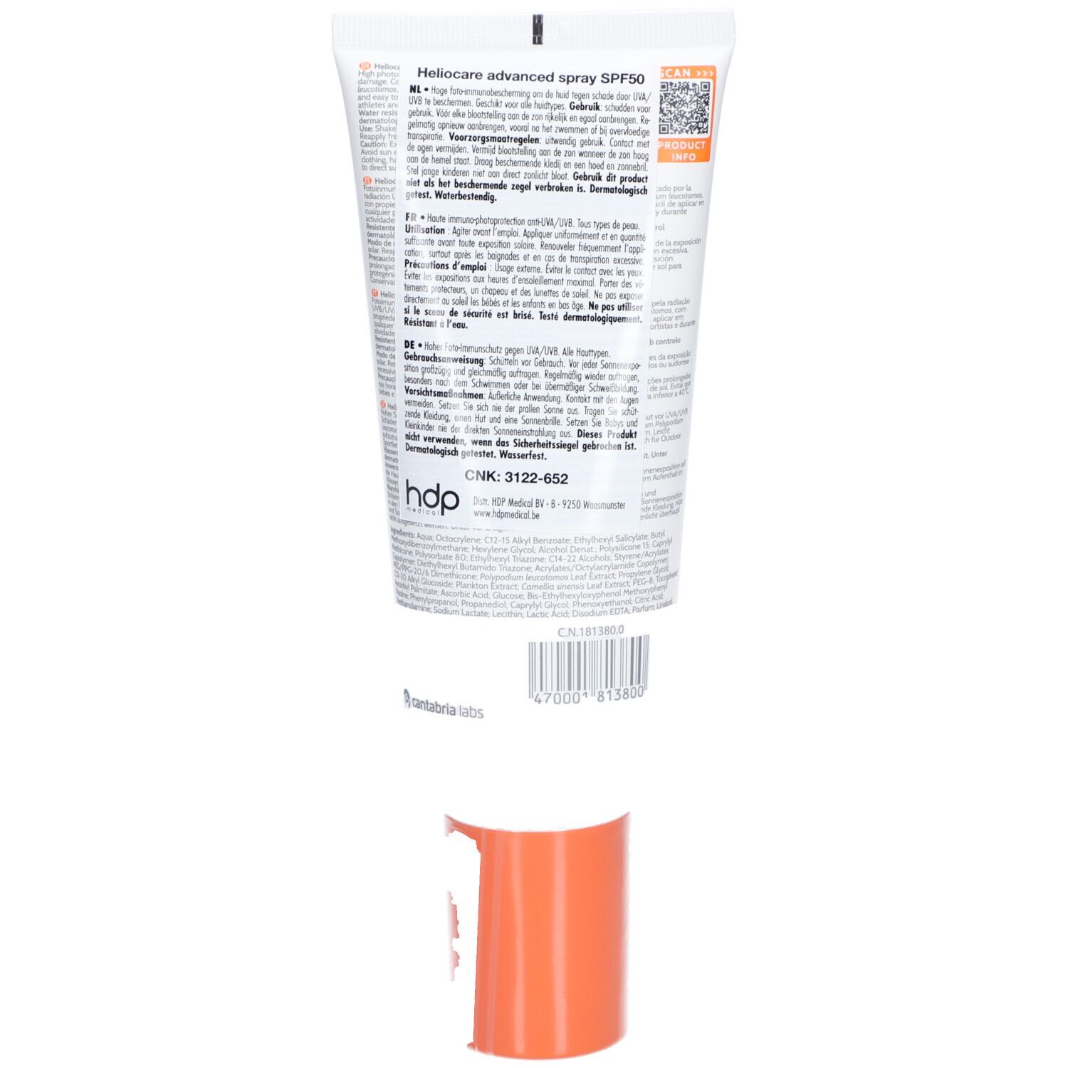 Achterkant van Heliocare Spray SPF50. Witte tube met tekst en oranje dop.