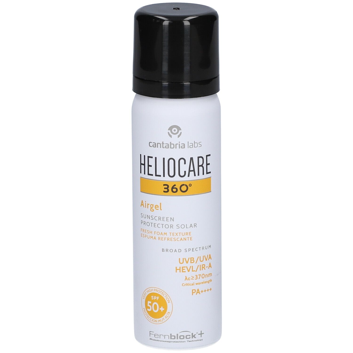 Spray blanc avec bouchon noir. Inscription Heliocare 360° Airgel SPF50+. Accents jaunes. UVB/UVA HEVL/IR-A.