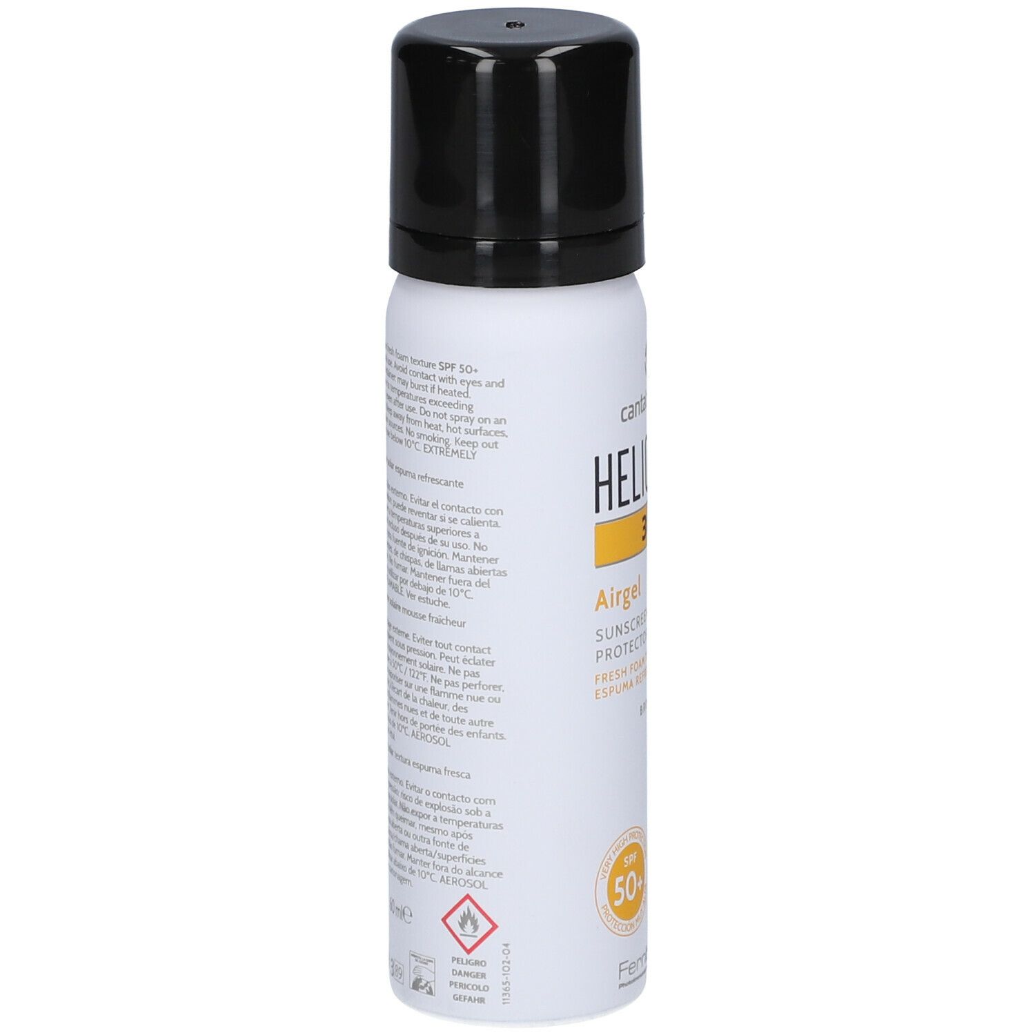 Spray blanc avec bouchon noir. Dos avec texte. Heliocare 360° Airgel SPF50+. Avertissements et ingrédients.