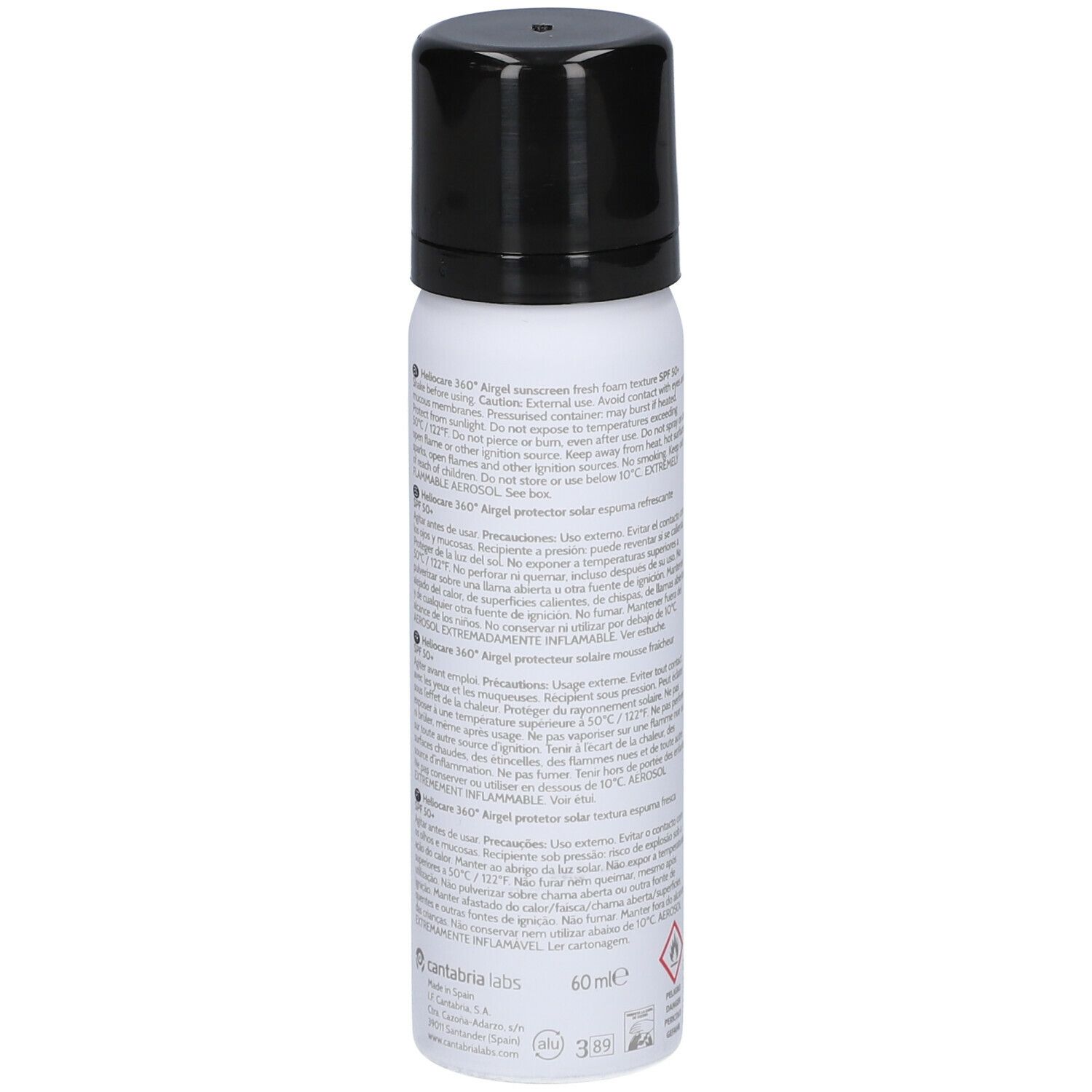 Spray blanc avec bouchon noir. Dos avec texte. Heliocare 360° Airgel SPF50+. Avertissements et ingrédients.