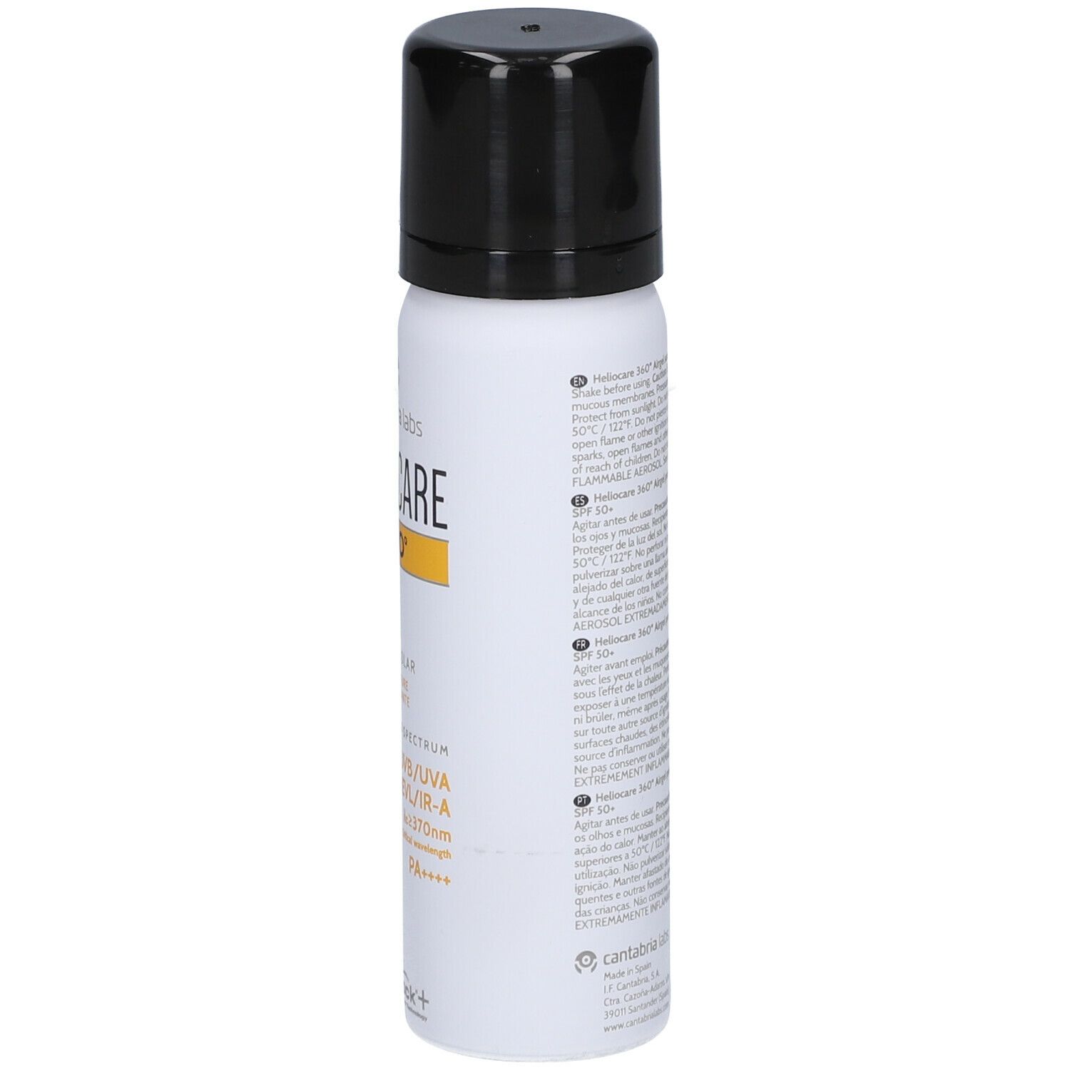 Spray blanc avec bouchon noir. Dos avec texte. Heliocare 360° Airgel SPF50+. Avertissements et ingrédients.