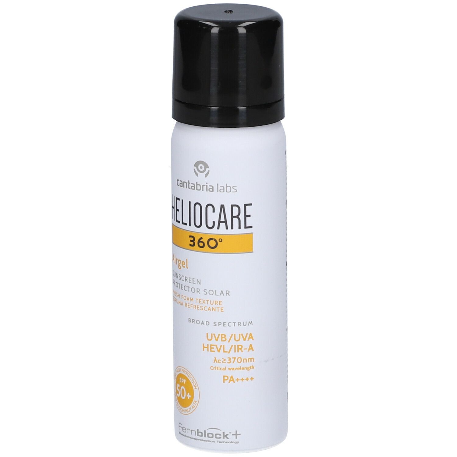 Spray blanc avec bouchon noir. Inscription Heliocare 360° Airgel SPF50+. Accents jaunes. UVB/UVA HEVL/IR-A.