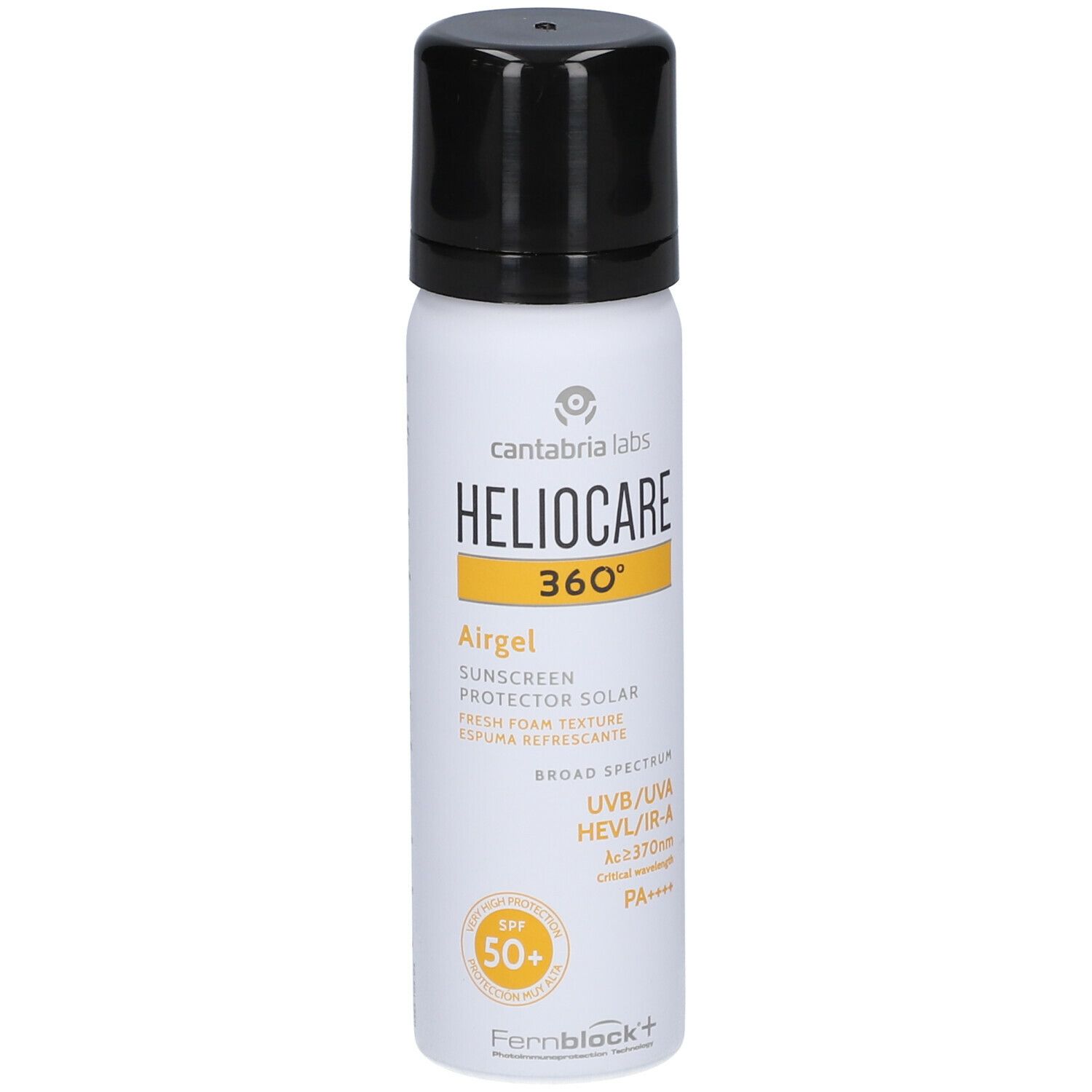 Spray blanc avec bouchon noir. Inscription Heliocare 360° Airgel SPF50+. Accents jaunes. UVB/UVA HEVL/IR-A.