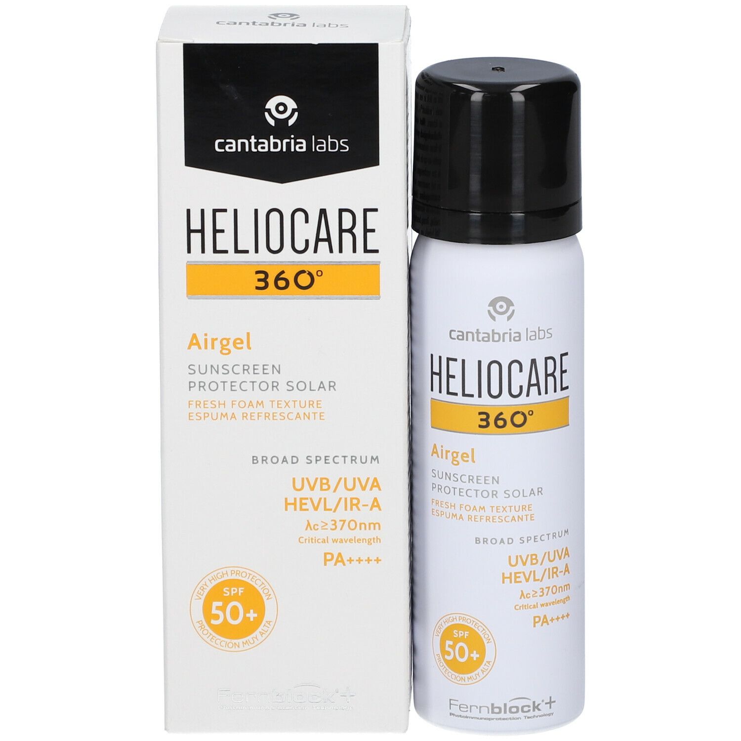 Spray Heliocare 360° Airgel SPF50+ et emballage. Emballage blanc avec bouchon noir. Accents jaunes.
