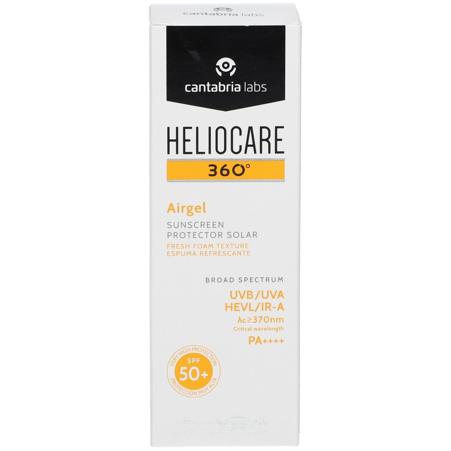 Emballage Heliocare 360° Airgel SPF50+. Emballage blanc avec bouchon noir. Accents jaunes. Texte.