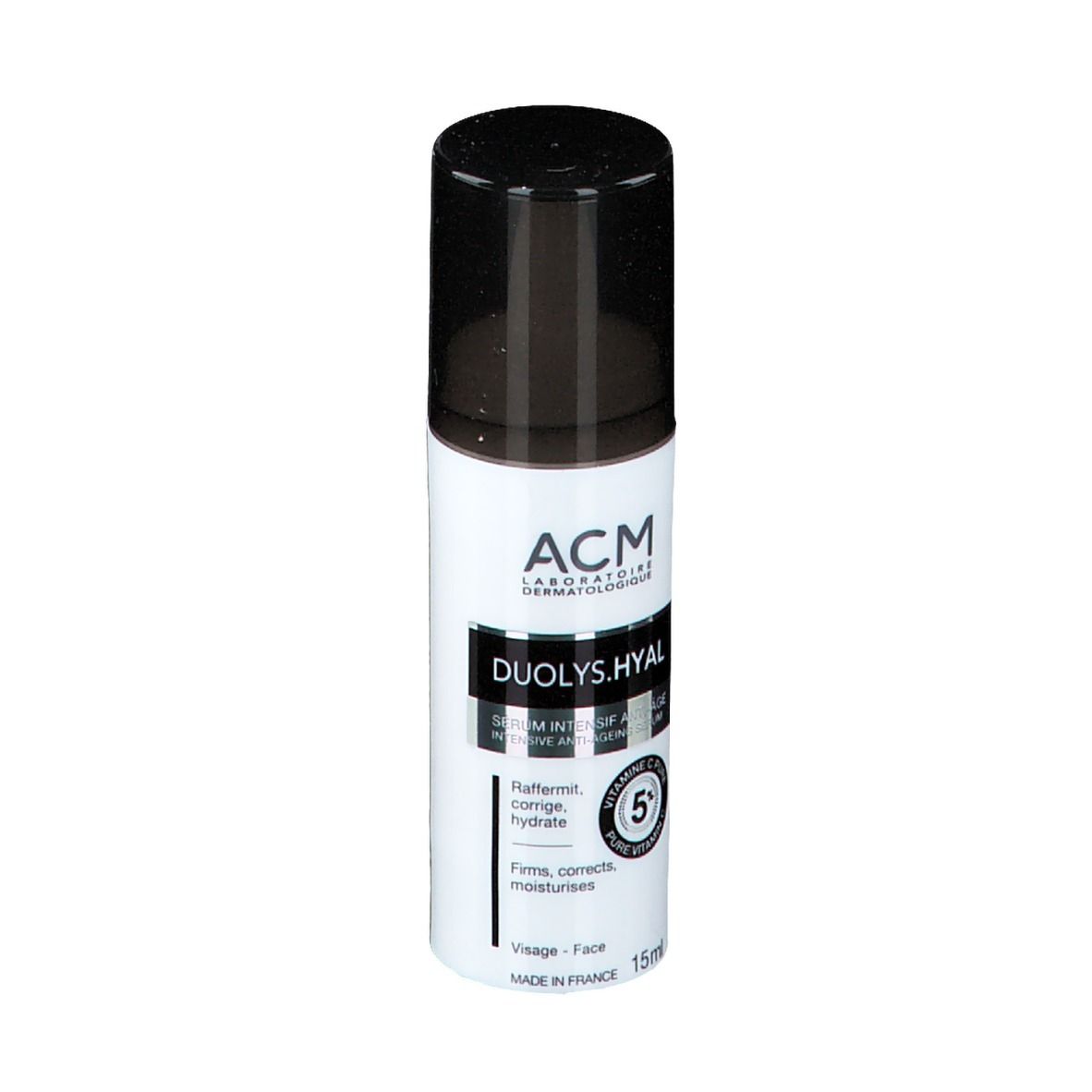 Wit-zwarte fles met zwarte dop. Opschrift: ACM, Duolys.Hyal, Serum Intensif Anti-Age, 15ml.