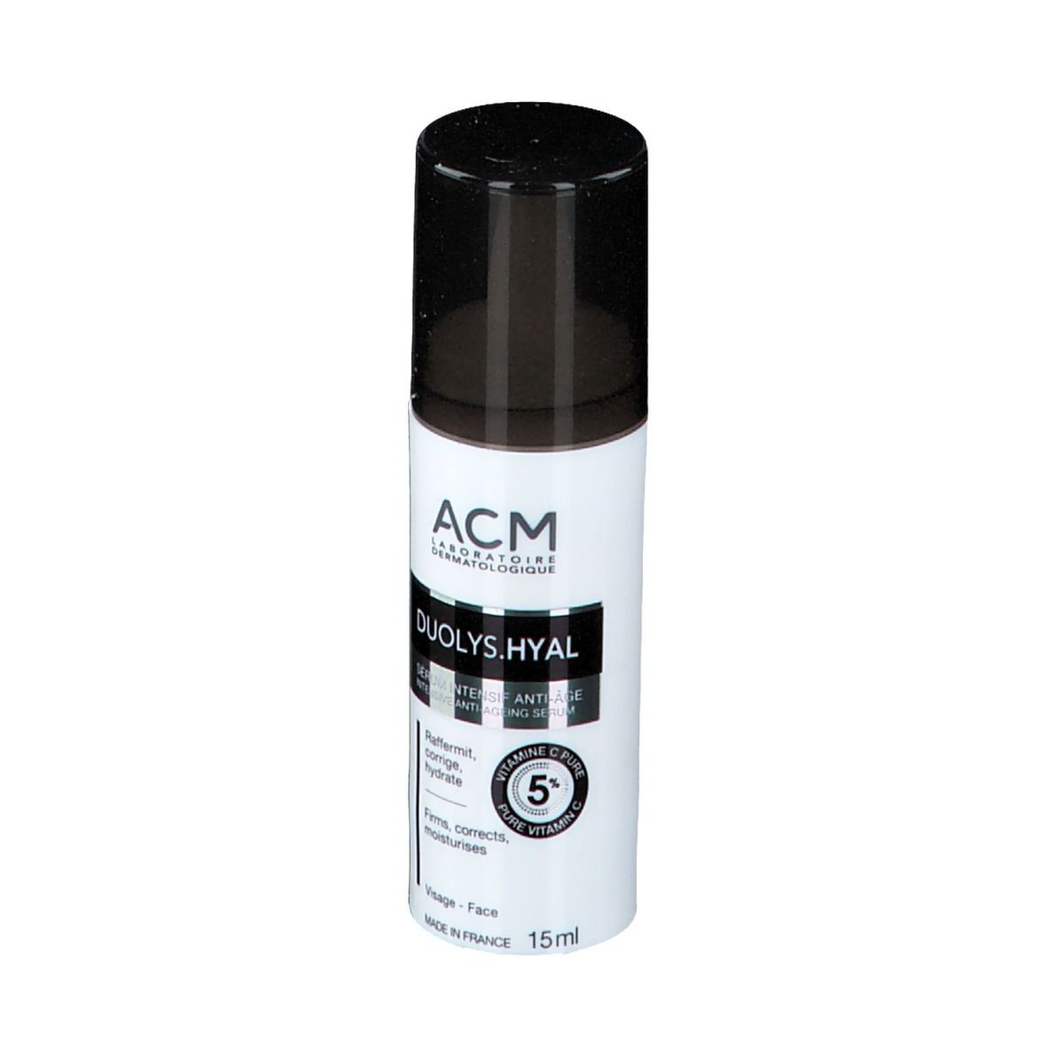 Wit-zwarte fles met zwarte dop. Opschrift: ACM, Duolys.Hyal, Serum Intensif Anti-Age, 15ml.