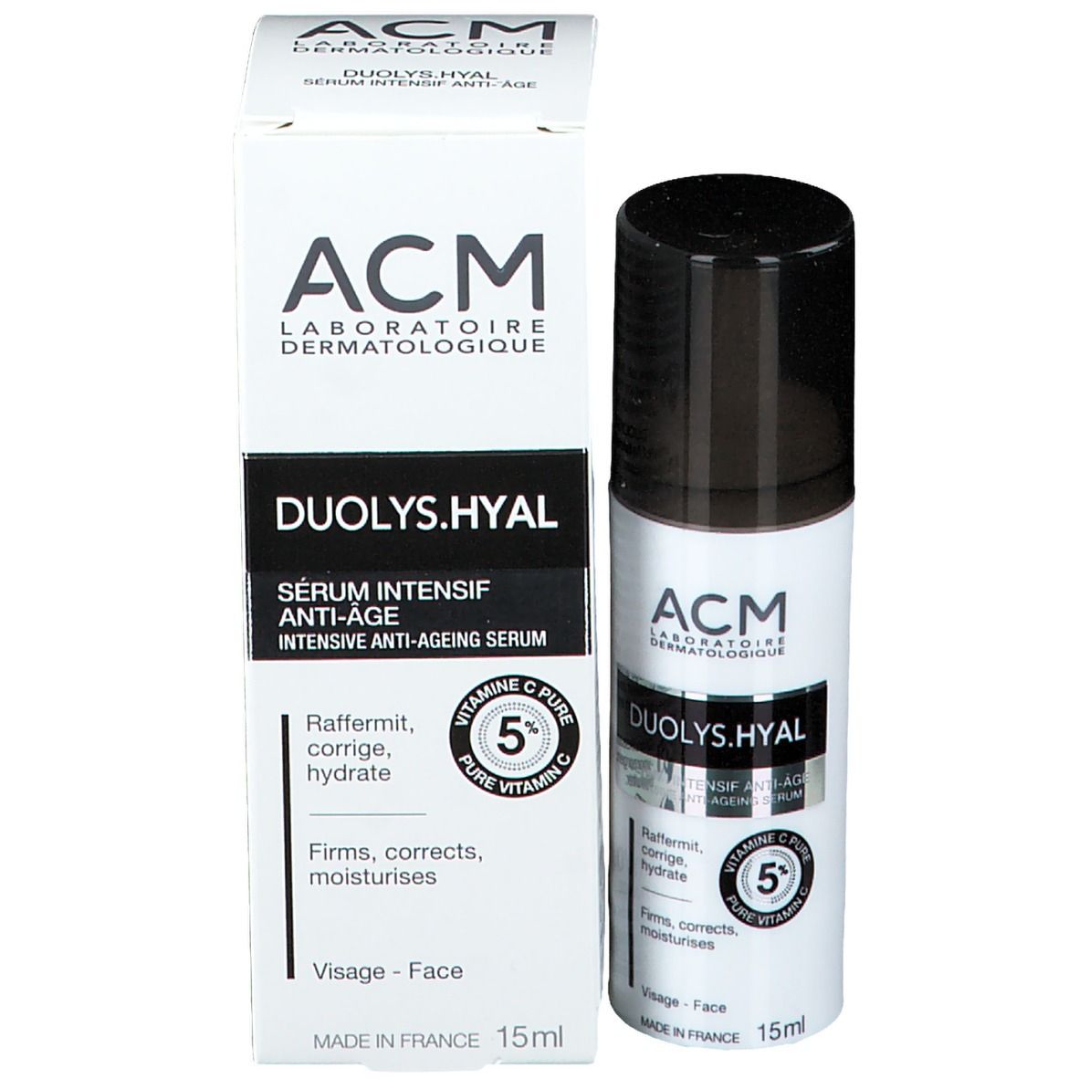 Productverpakking: fles en doos. Opschrift: ACM, Duolys.Hyal, Serum Intensif Anti-Age, 15ml.