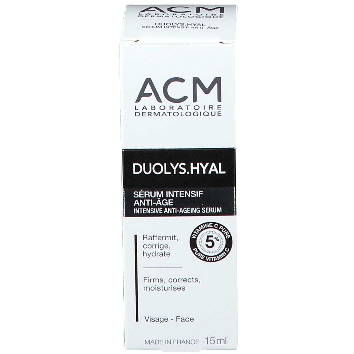 Productverpakking: doos. Opschrift: ACM, Duolys.Hyal, Serum Intensif Anti-Age, 15ml.