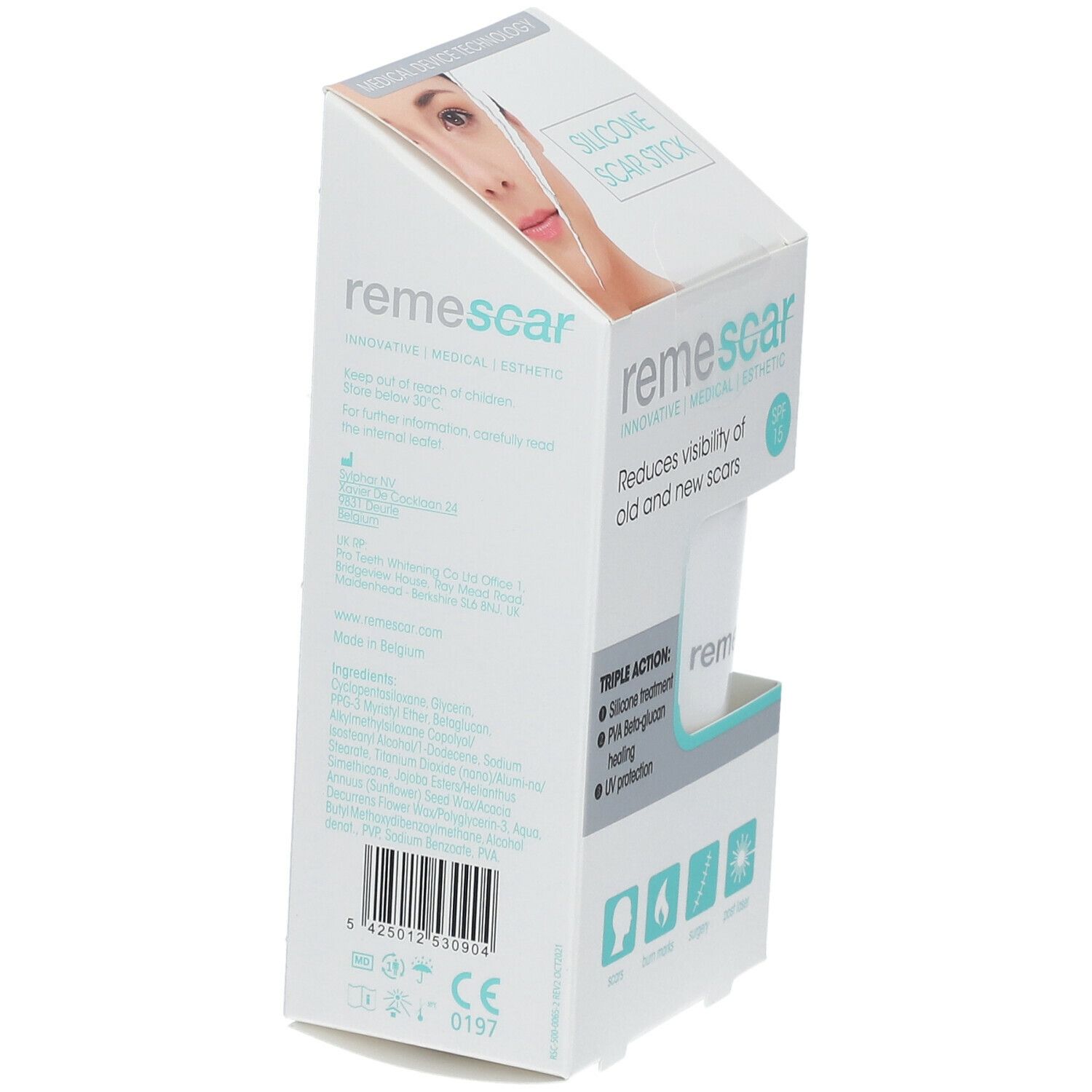 Emballage Remescar. Boîte blanche avec texte et informations sur le produit. Contient un stick blanc.