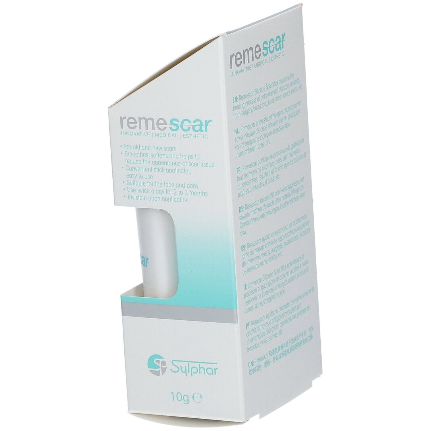 Emballage Remescar. Boîte blanche avec texte et un stick blanc. Contient 10g.