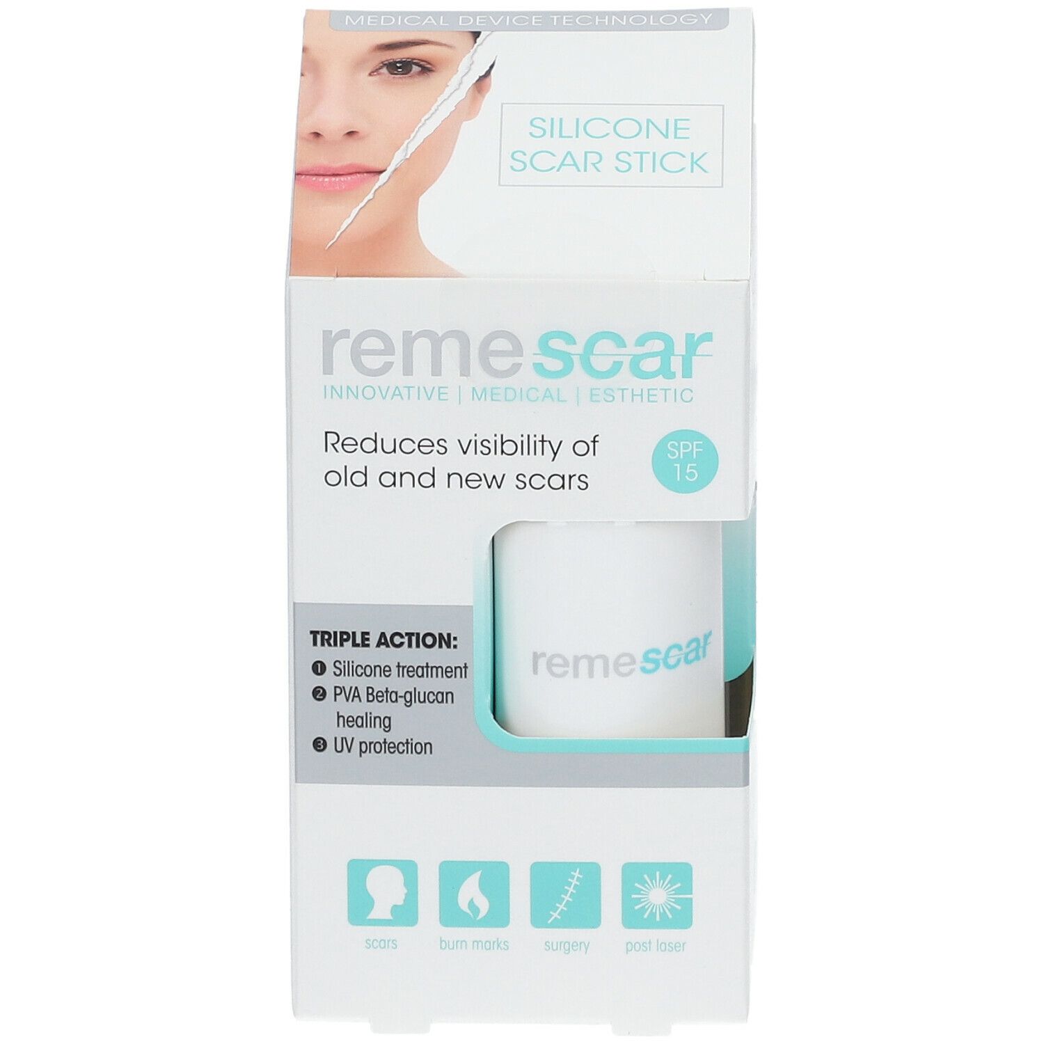 Emballage Remescar. Stick blanc dans une boîte. Texte: Remescar, Silicone Scar Stick, SPF 15. Réduit la visibilité des cicatrices.