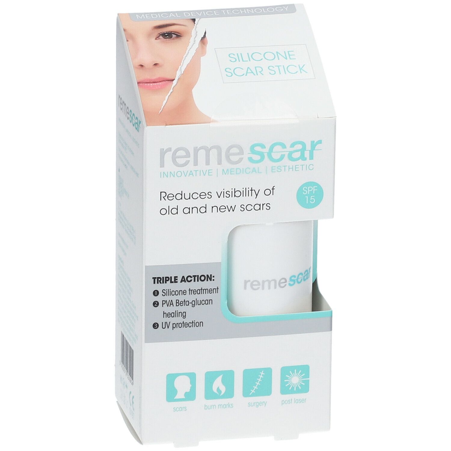 Emballage Remescar. Stick blanc dans une boîte. Texte: Remescar, Silicone Scar Stick, SPF 15. Réduit la visibilité des cicatrices.