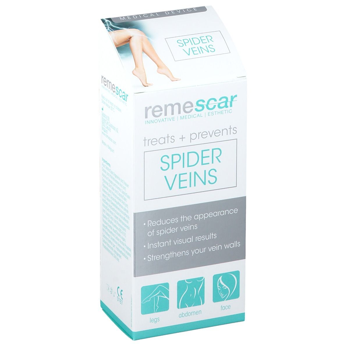 Verpackung von remescar SPIDER VEINS. Weißer Karton mit Produktnamen und Illustrationen. Medizinprodukt.