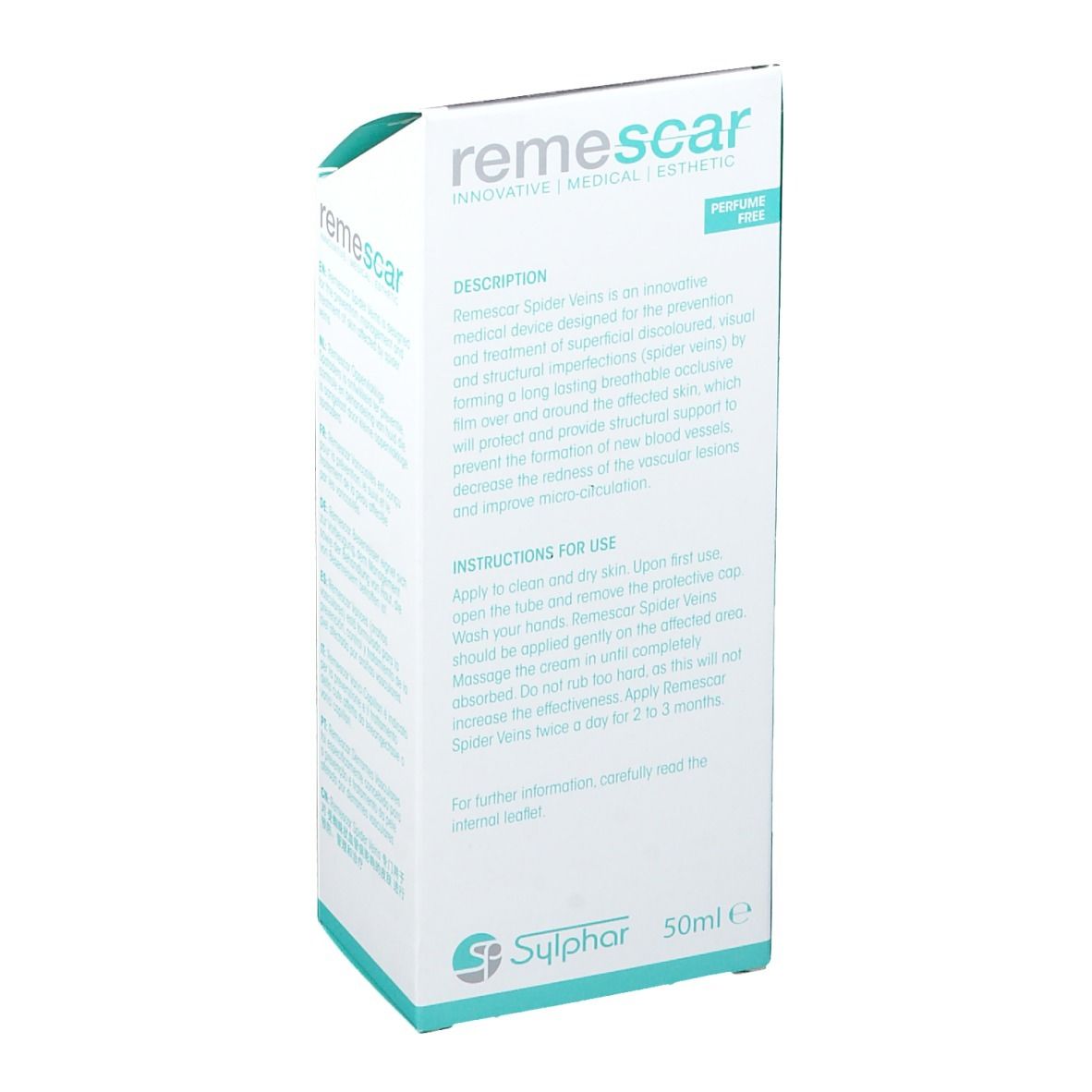 Rückseite der Verpackung von remescar SPIDER VEINS. Beschreibung und Anwendungshinweise. 50ml.
