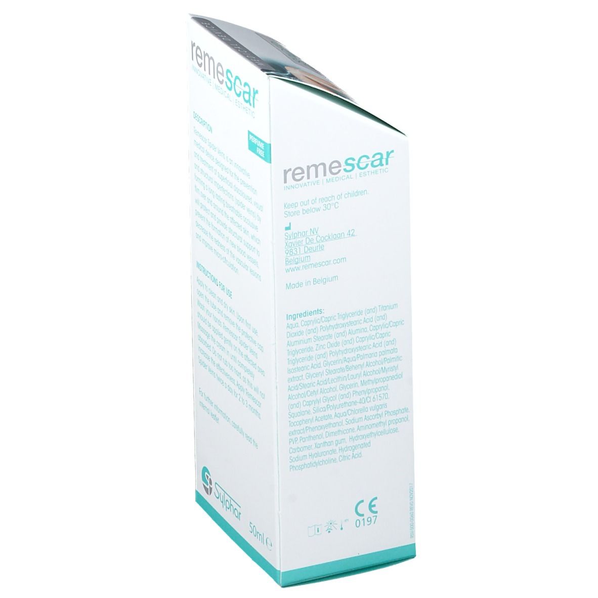 Seite der Verpackung von remescar SPIDER VEINS. Inhaltsstoffe und Herstellerinformationen. 50ml.