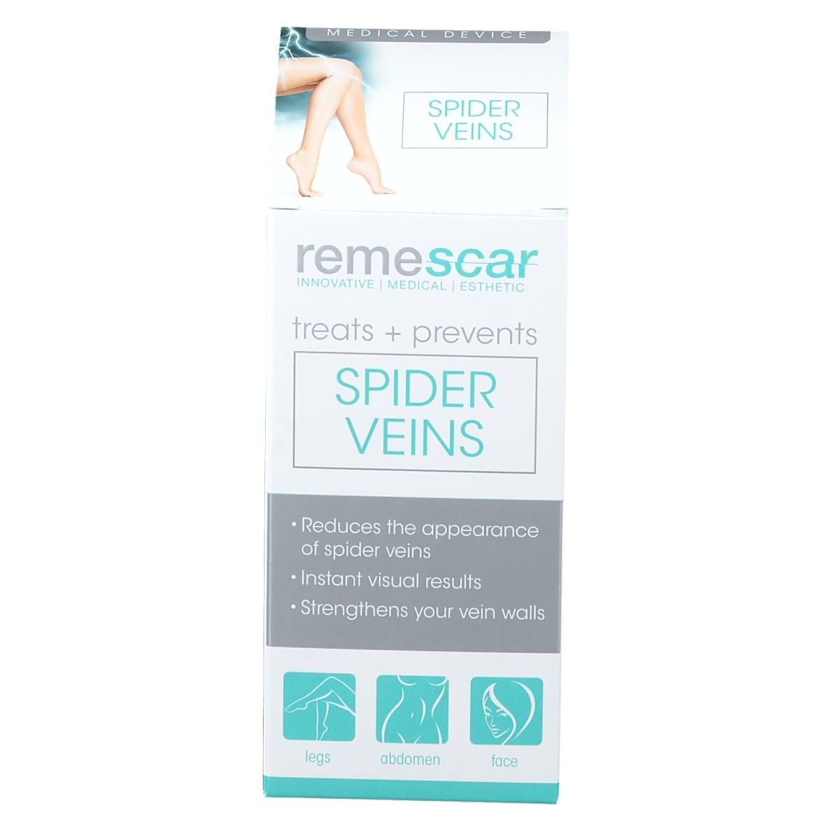 Frontansicht der Verpackung von remescar SPIDER VEINS. Produktname und Illustrationen. Medizinprodukt.