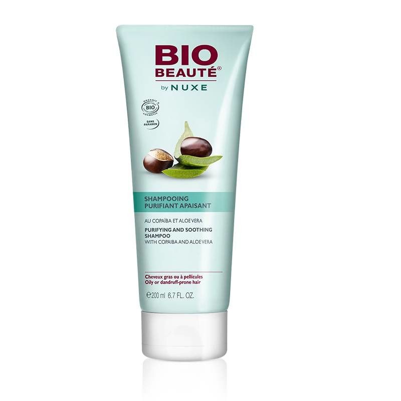 Tube de shampooing Bio Beauté by Nuxe. Purifiant et apaisant. Copaïba et aloe vera. Pour cheveux gras ou pellicules.