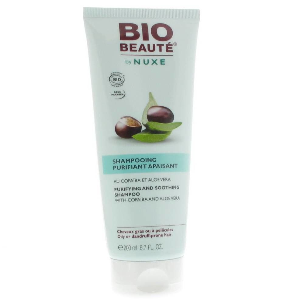 Tube de shampooing Bio Beauté by Nuxe. Purifiant et apaisant. Copaïba et aloe vera. Pour cheveux gras ou pellicules.