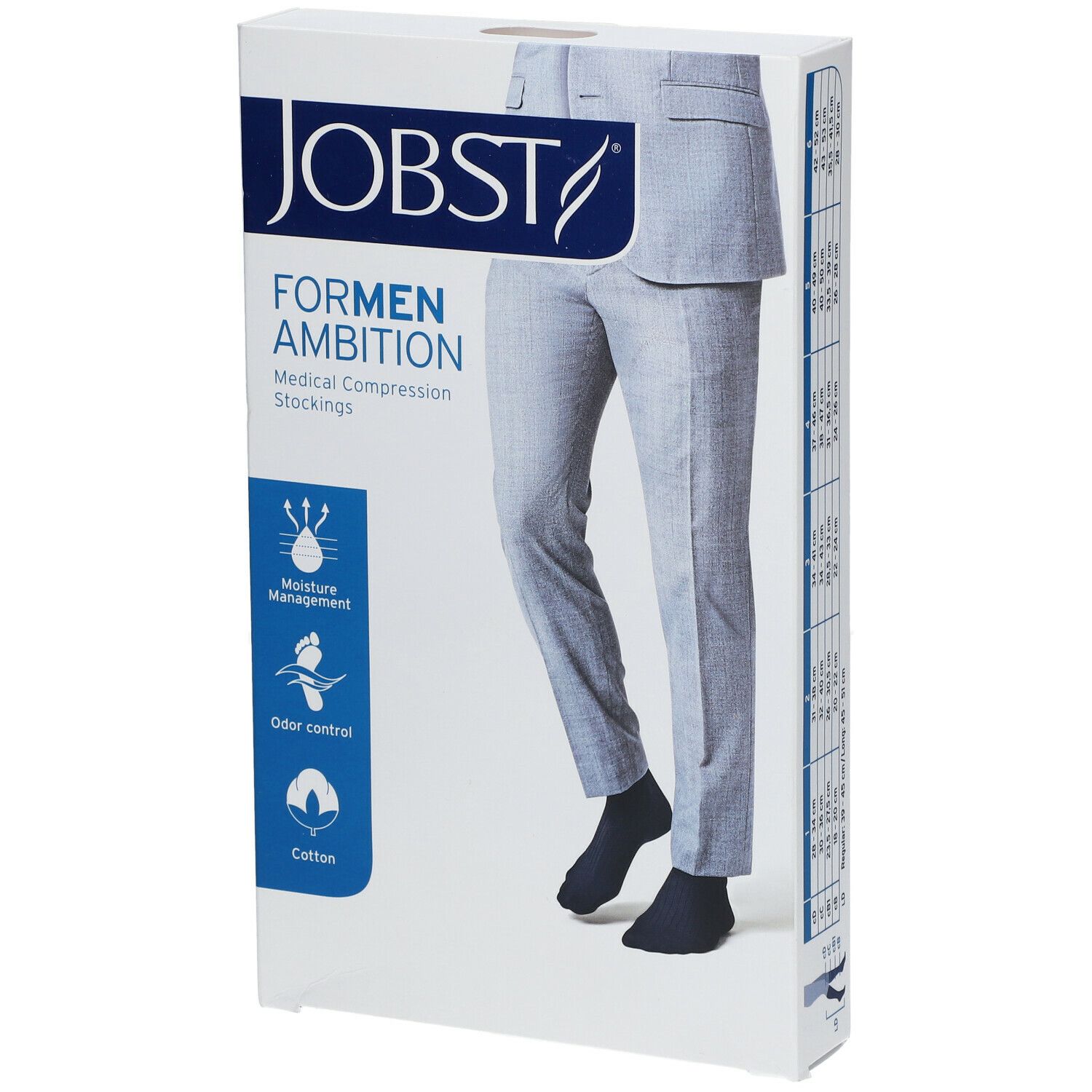 JOBST For Men Ambition Bas Genoux Classe 2 AD Noir Medium. Verpackung mit Produktabbildung und Produktinformationen.