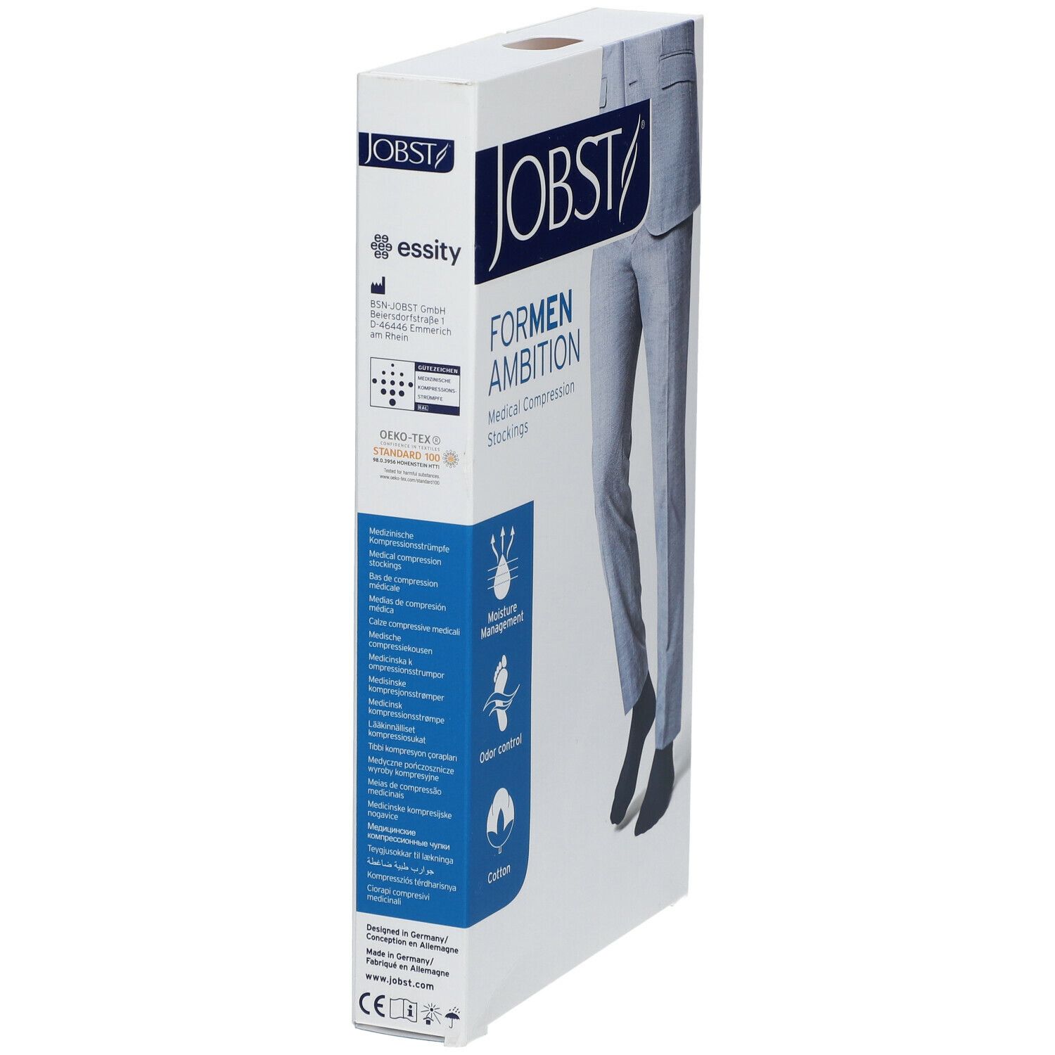 JOBST For Men Ambition Bas Genoux Classe 2 AD Noir Medium. Verpackung mit Produktabbildung und Produktinformationen.