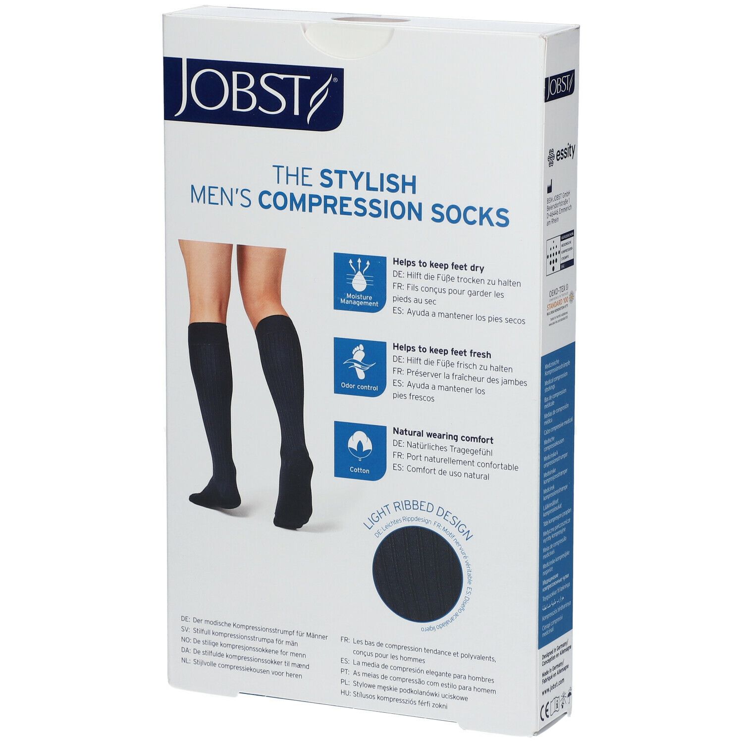 JOBST For Men Ambition Bas Genoux Classe 2 AD Noir Medium. Rückseite der Verpackung mit Produktinformationen und Illustrationen.