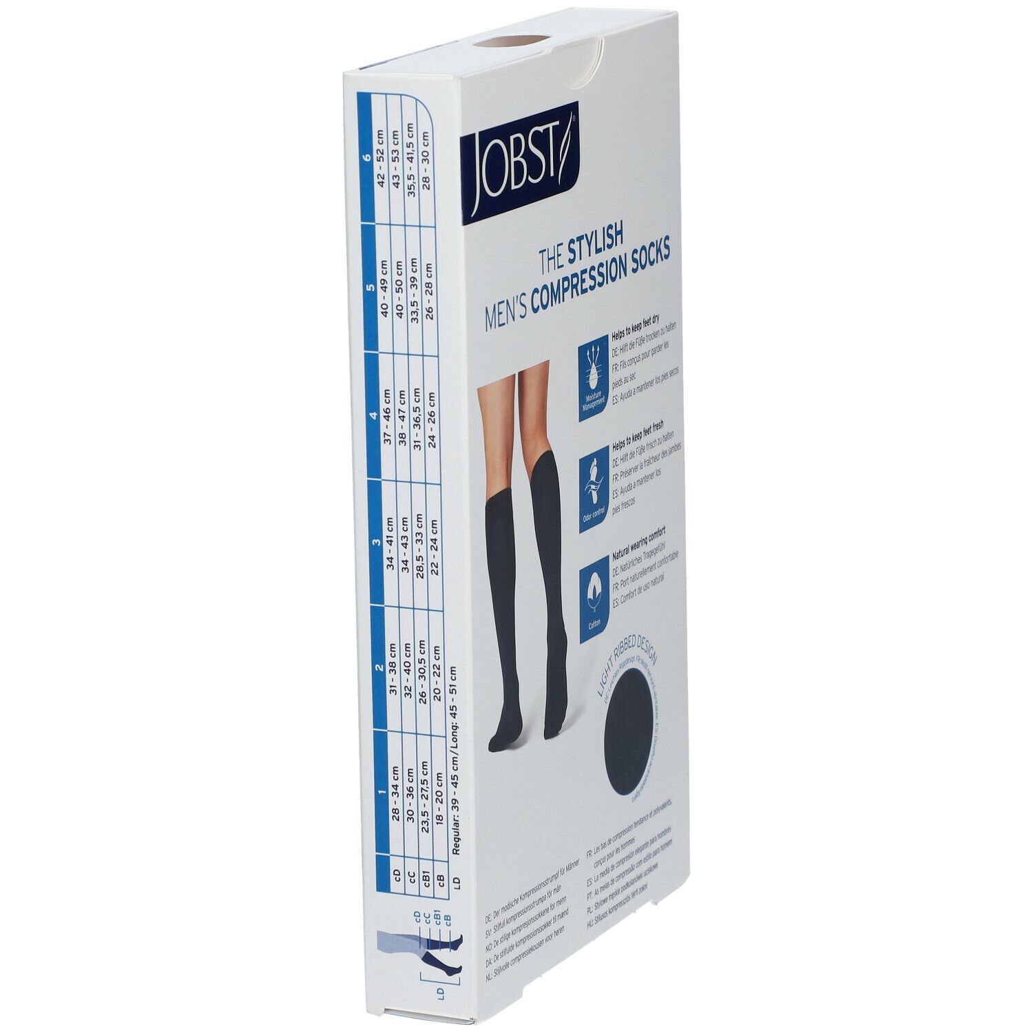 JOBST For Men Ambition Bas Genoux Classe 2 AD Noir Medium. Verpackung mit Größentabelle und Produktinformationen.