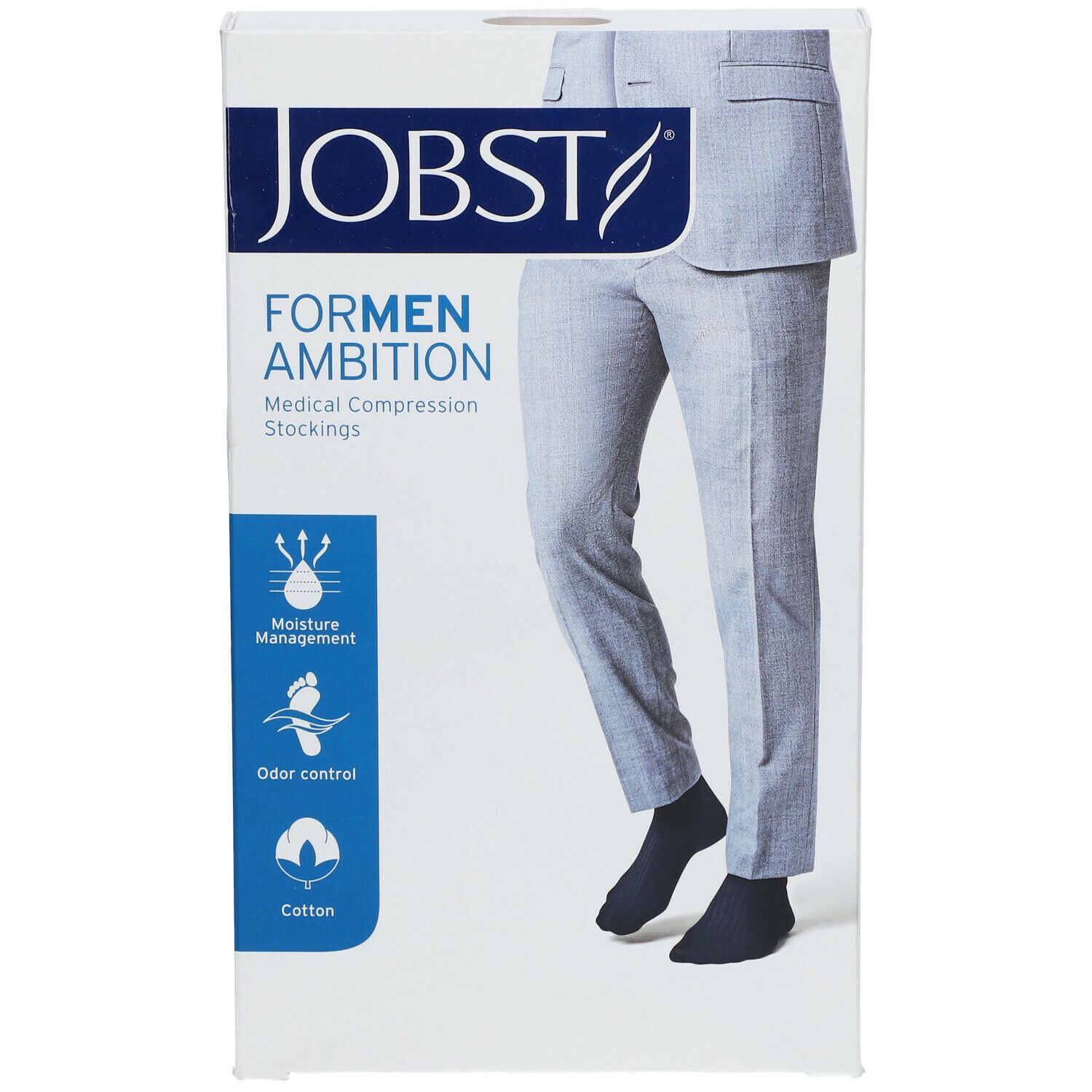 JOBST For Men Ambition Bas Genoux Classe 2 AD Noir Medium. Verpackung mit Produktabbildung und Produktinformationen.