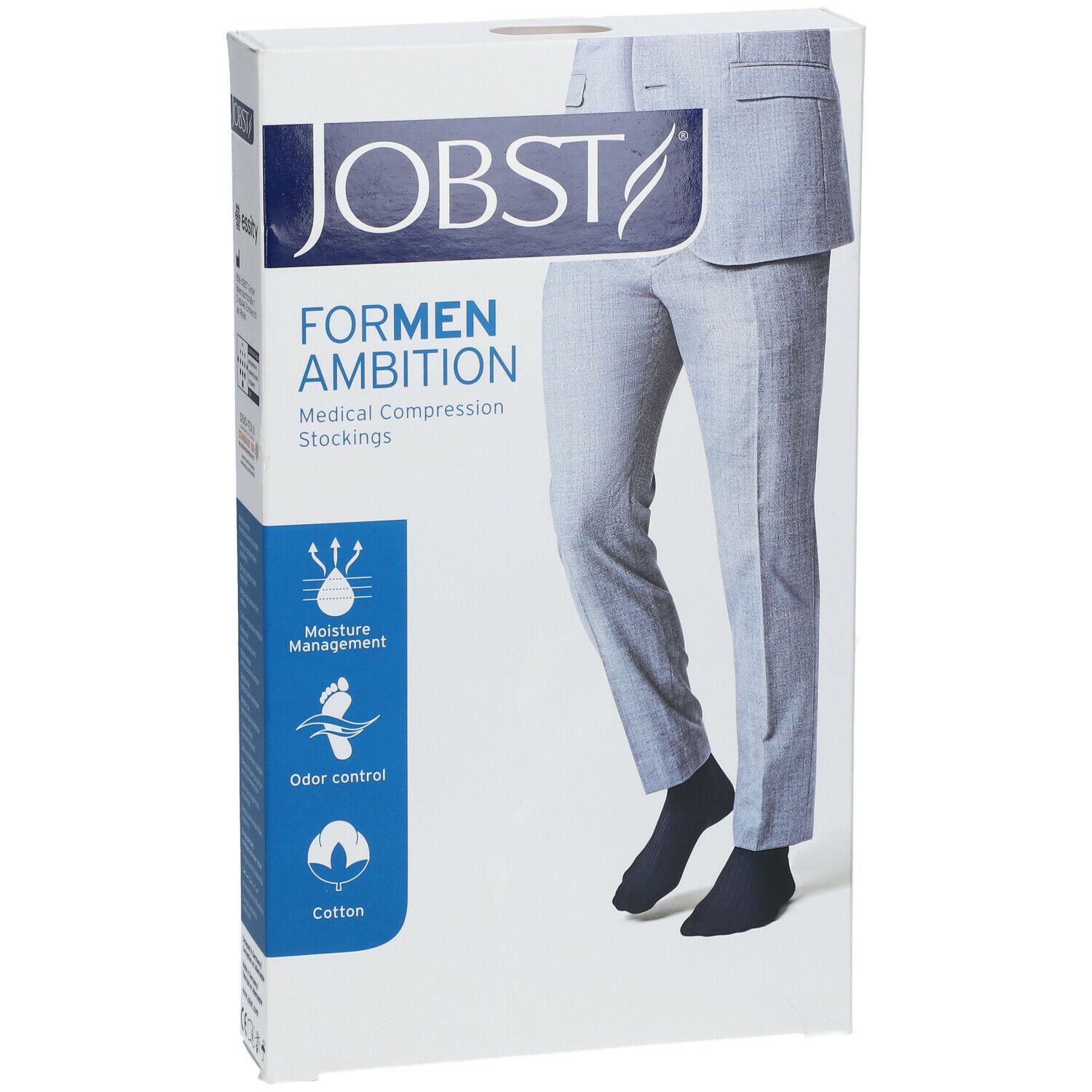JOBST For Men Ambition Bas Genoux Classe 2 AD Noir Medium. Verpackung mit Produktabbildung und Produktinformationen.