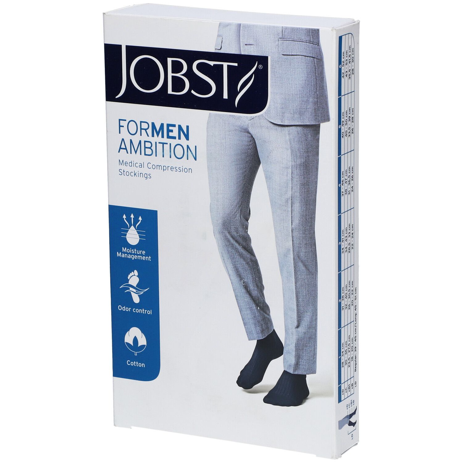 JOBST For Men Ambition Bas Genoux Classe 2 AD Noir Large. Verpackung mit Produktabbildung und Produktinformationen.