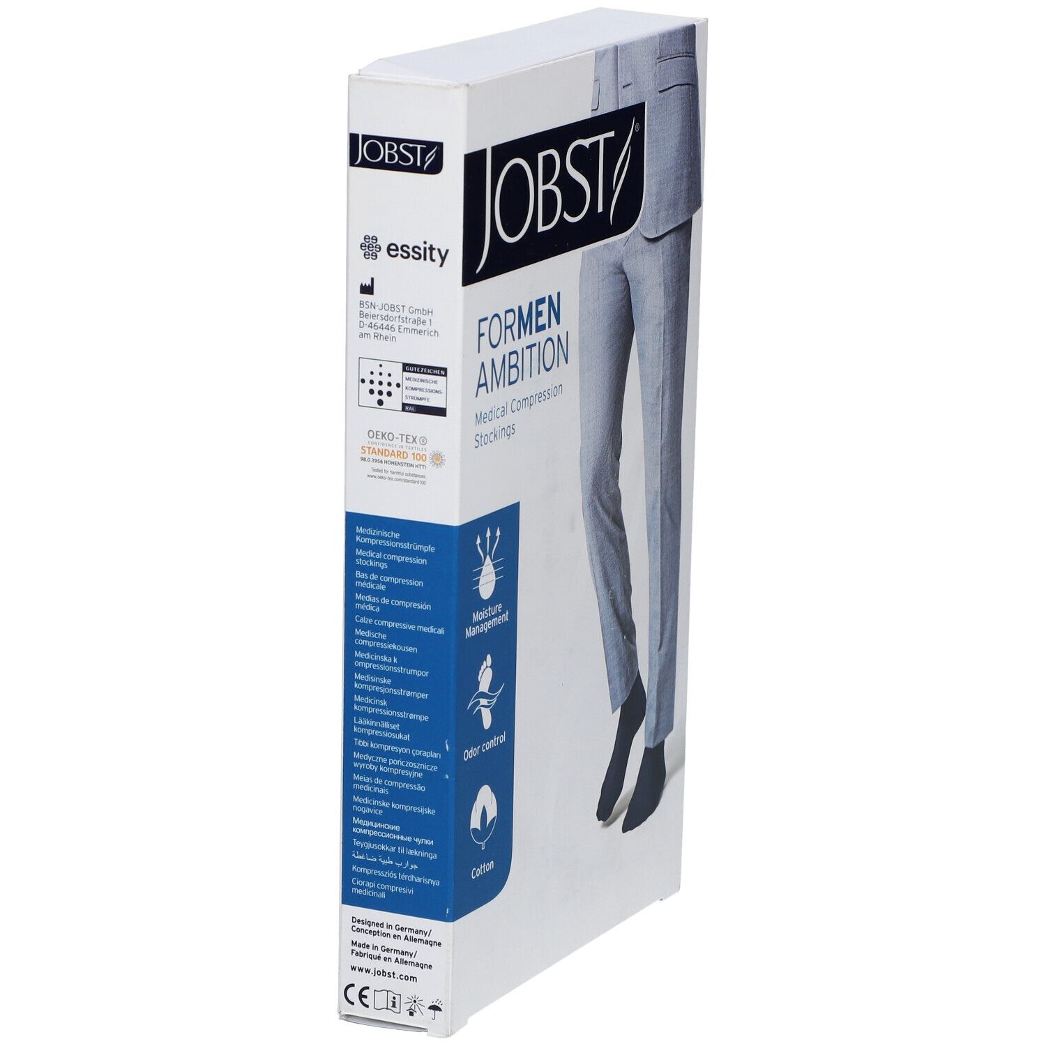 JOBST For Men Ambition Bas Genoux Classe 2 AD Noir Large. Verpackung mit Produktabbildung und Produktinformationen.
