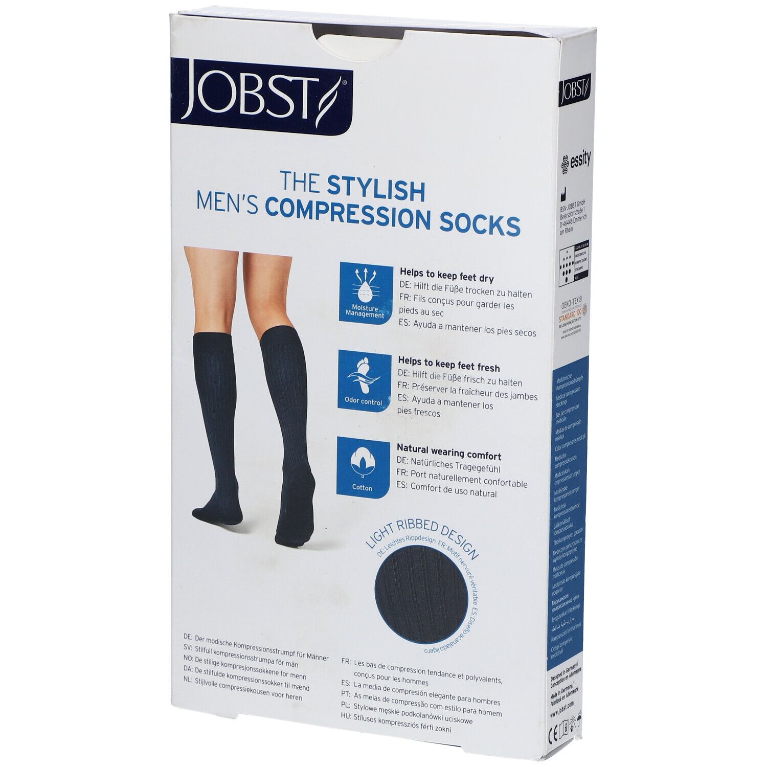 JOBST For Men Ambition Bas Genoux Classe 2 AD Noir Large. Verpackung mit Produktabbildung und Produktinformationen.