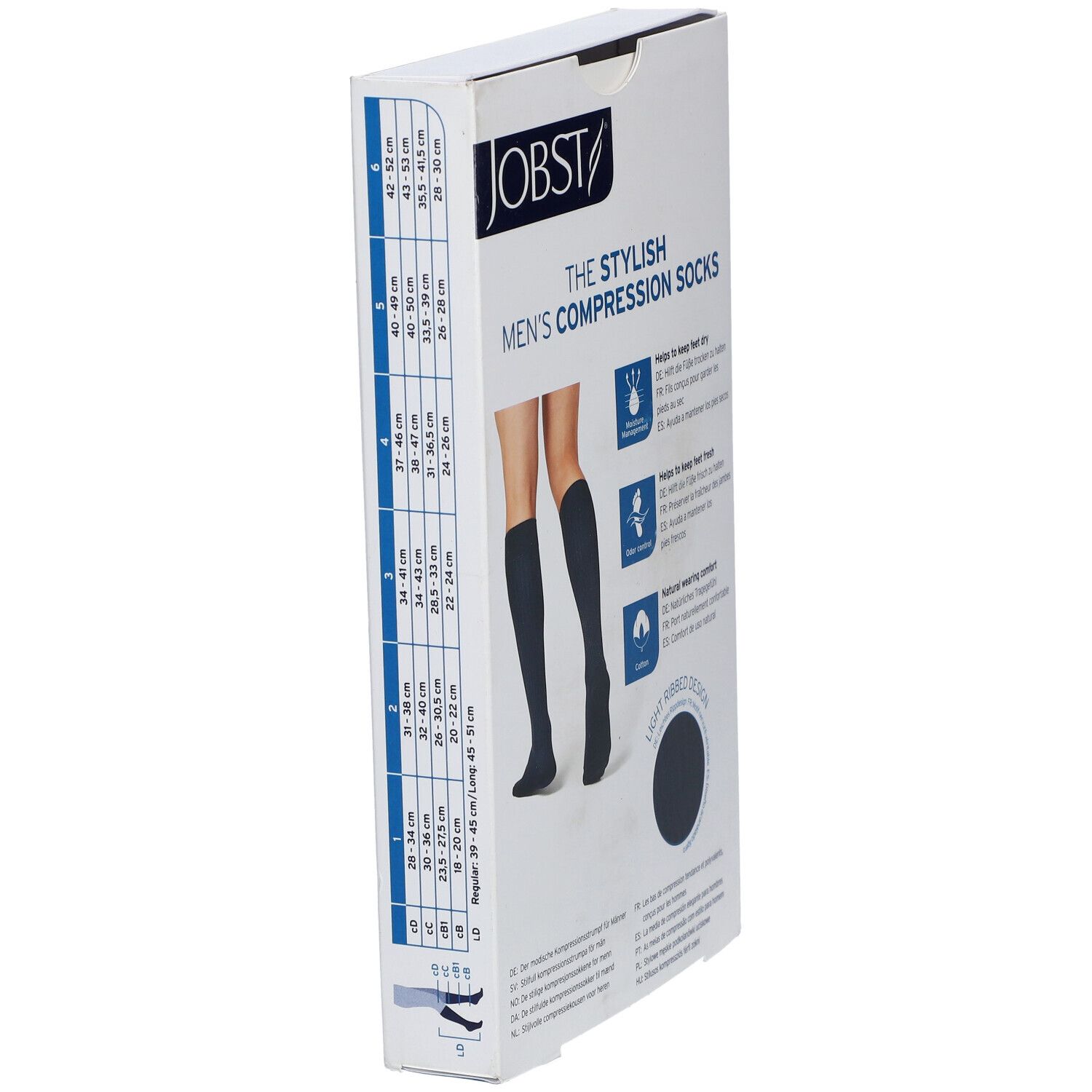 JOBST For Men Ambition Bas Genoux Classe 2 AD Noir Large. Verpackung mit Produktabbildung und Produktinformationen.
