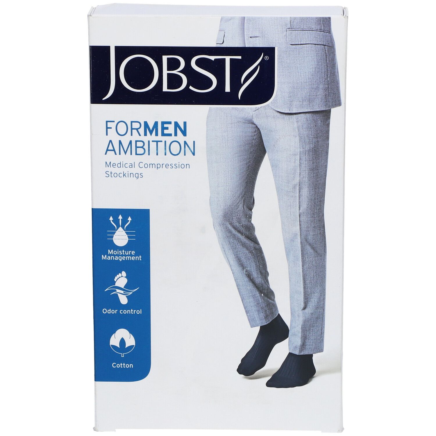 JOBST For Men Ambition Bas Genoux Classe 2 AD Noir Large. Verpackung mit Produktabbildung und Produktinformationen.