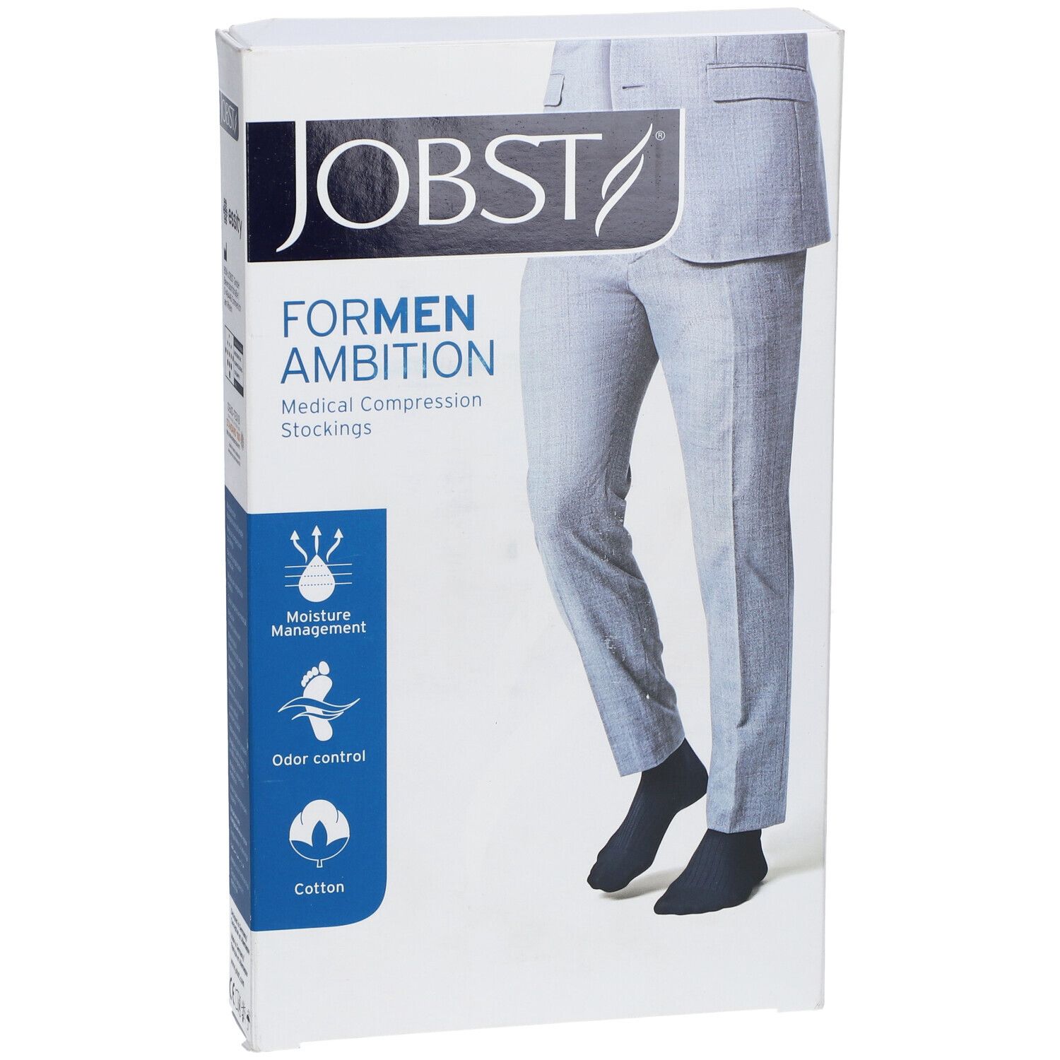 JOBST For Men Ambition Bas Genoux Classe 2 AD Noir Large. Verpackung mit Produktabbildung und Produktinformationen.