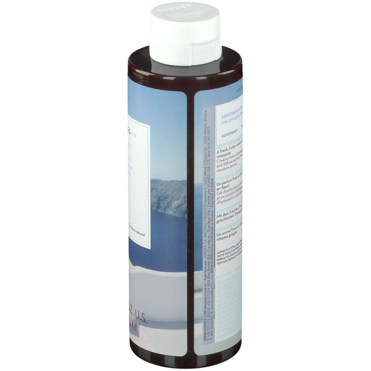 Gel douche KORRES Santorini. Flacon avec étiquette et texte. Dos avec ingrédients et texte.