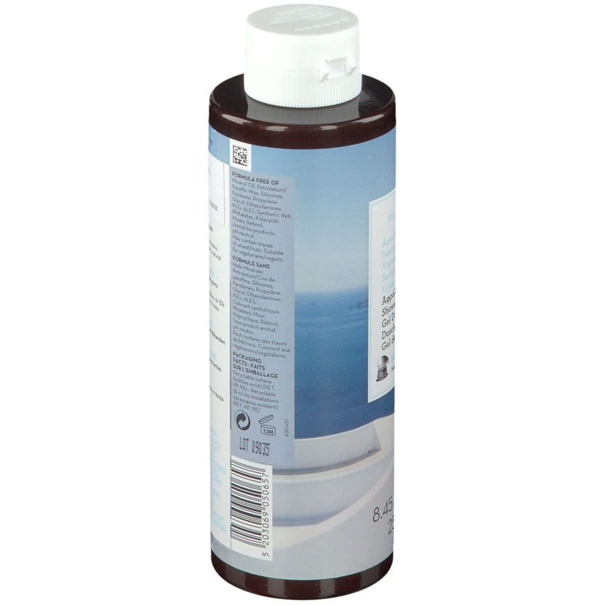 Gel douche KORRES Santorini. Flacon avec étiquette et texte. Dos avec ingrédients et texte.