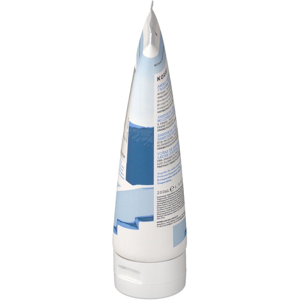 KORRES® Lait Corporel Santorin. Witte tube, blauwe accenten. Productinformatie en tekst. Opschrift: 200ml.