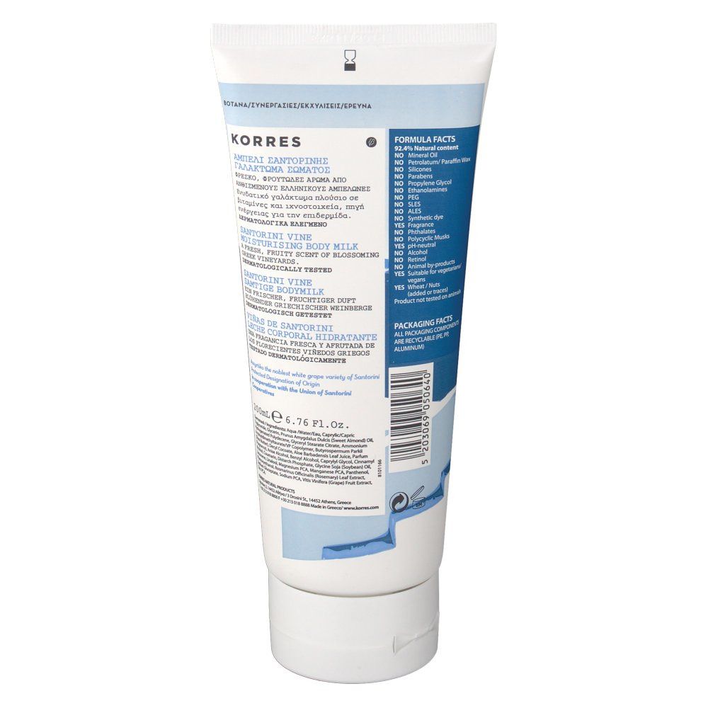 KORRES® Lait Corporel Santorin. Witte tube met blauwe accenten. Productinformatie en tekst. Opschrift: 6.76 fl. oz.