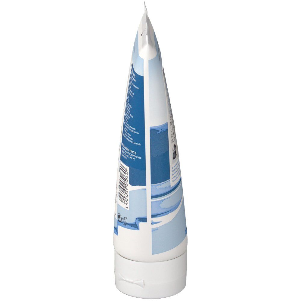 KORRES® Lait Corporel Santorin. Witte tube, blauwe accenten. Productinformatie en tekst. Opschrift: 200ml.
