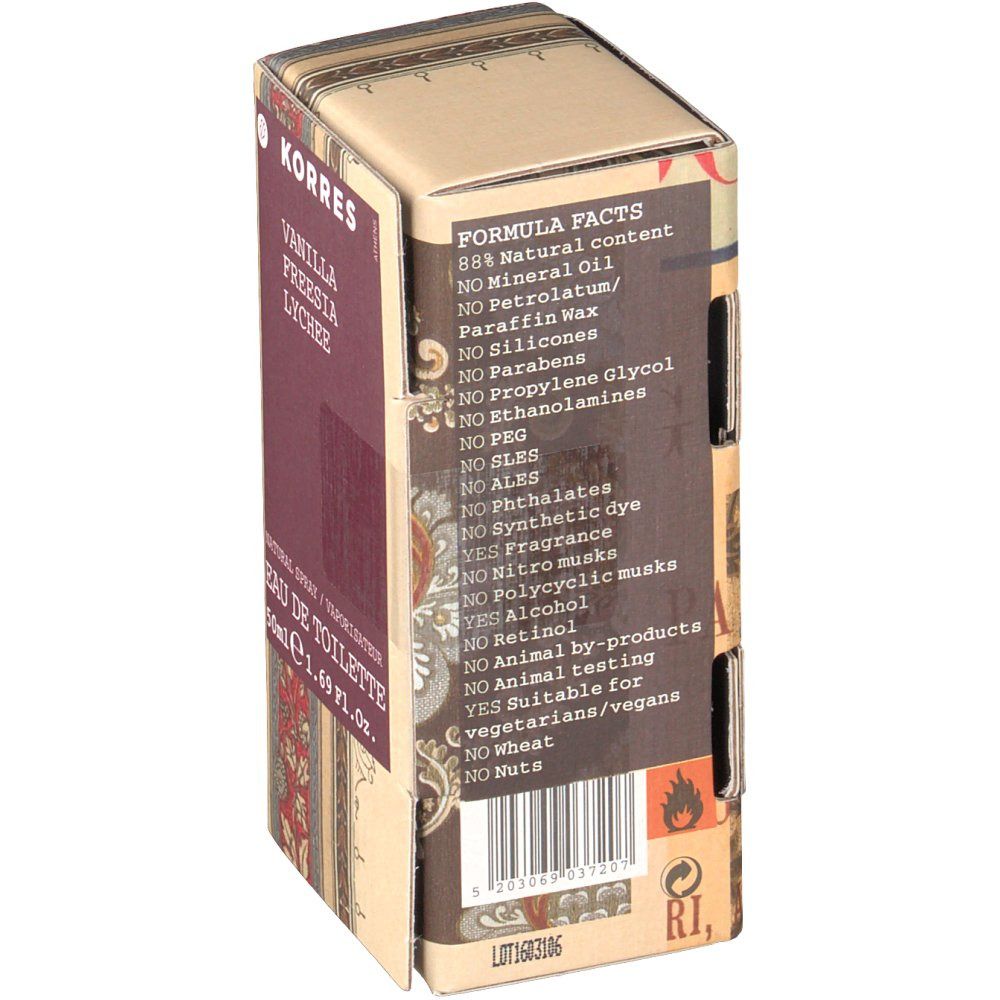 Emballage en carton avec informations produit. Inscriptions: KORRES, Vanille/Fresia/Lychee. Liste des ingrédients et faits sur la formule.