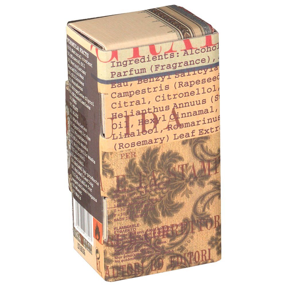 Emballage en carton avec informations produit. Inscriptions: Ingrédients, Alcool, Parfum. Motif décoratif brun et beige.