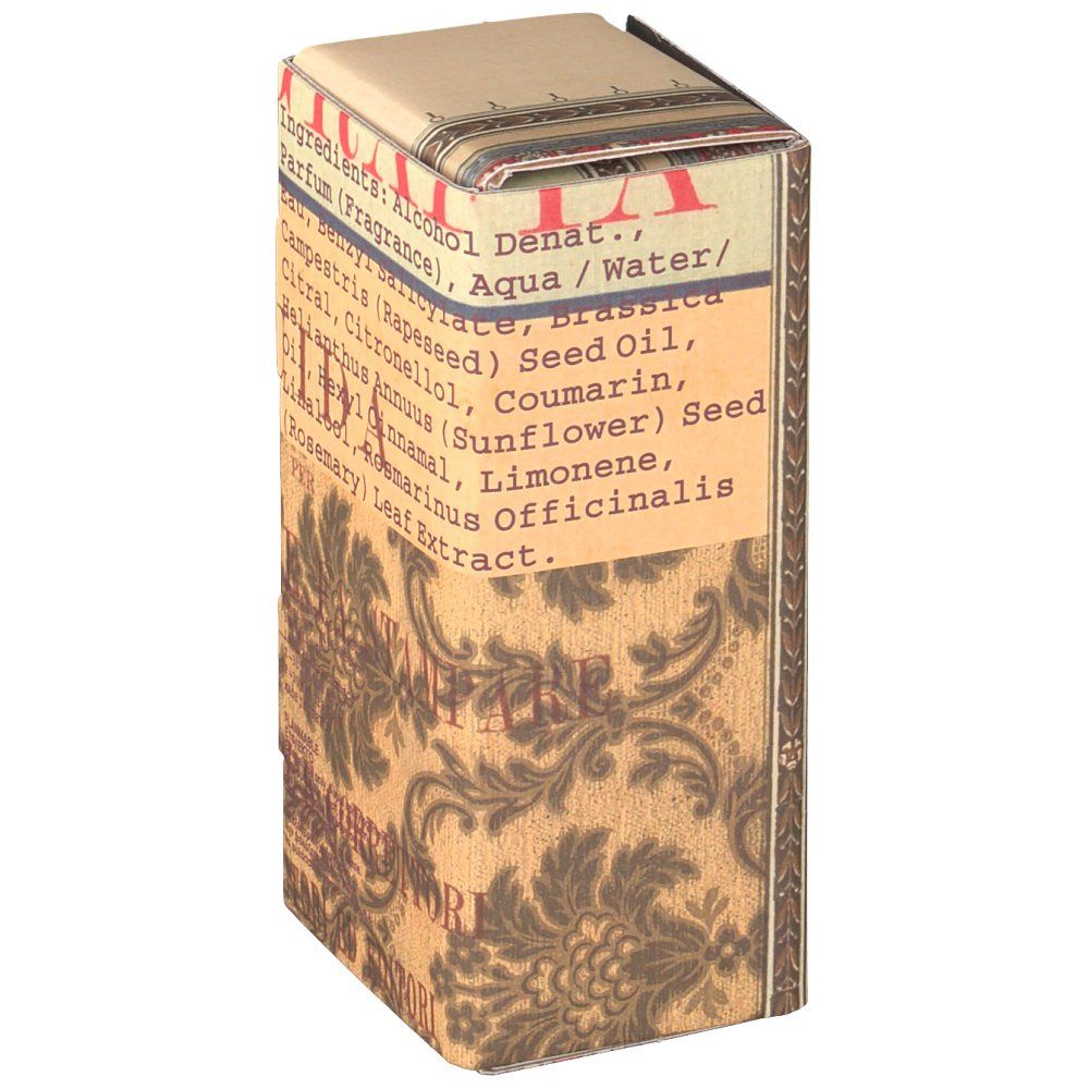 Emballage en carton avec informations produit. Inscriptions: Ingrédients, Alcool, Parfum. Motif décoratif brun et beige.