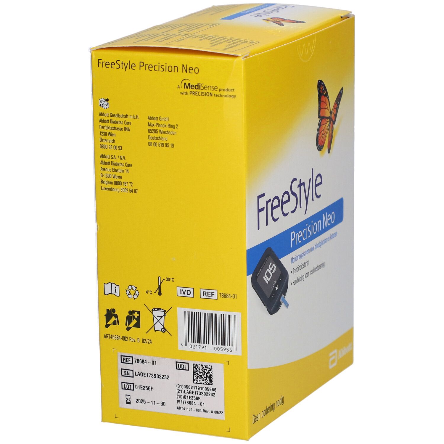 Boîte jaune avec logo "FreeStyle Precision Neo" et papillon. Contient du texte, un code-barres et des symboles. Fabricant : Abbott.