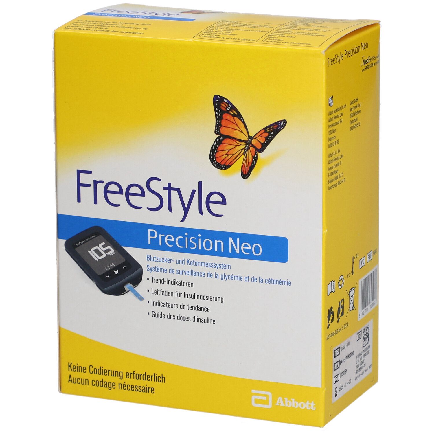 Boîte jaune avec logo "FreeStyle Precision Neo", papillon et image d'un lecteur de glycémie. Texte en allemand, français et néerlandais.