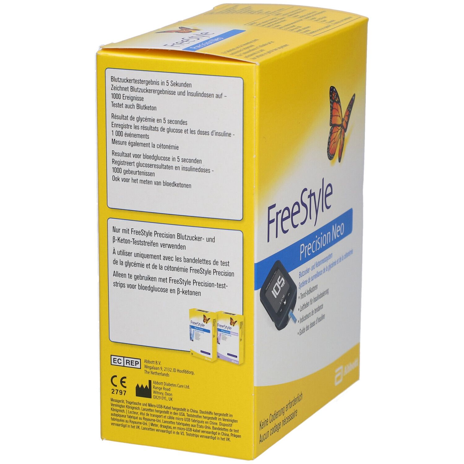 Boîte jaune avec logo "FreeStyle Precision Neo" et papillon. Contient du texte sur les résultats des tests et les accessoires. Fabricant : Abbott.