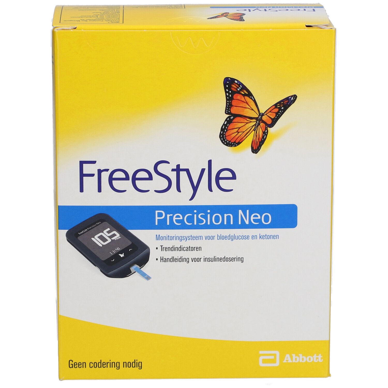Boîte jaune avec logo "FreeStyle Precision Neo", papillon et image d'un lecteur de glycémie. Texte en allemand et néerlandais. Logo Abbott.