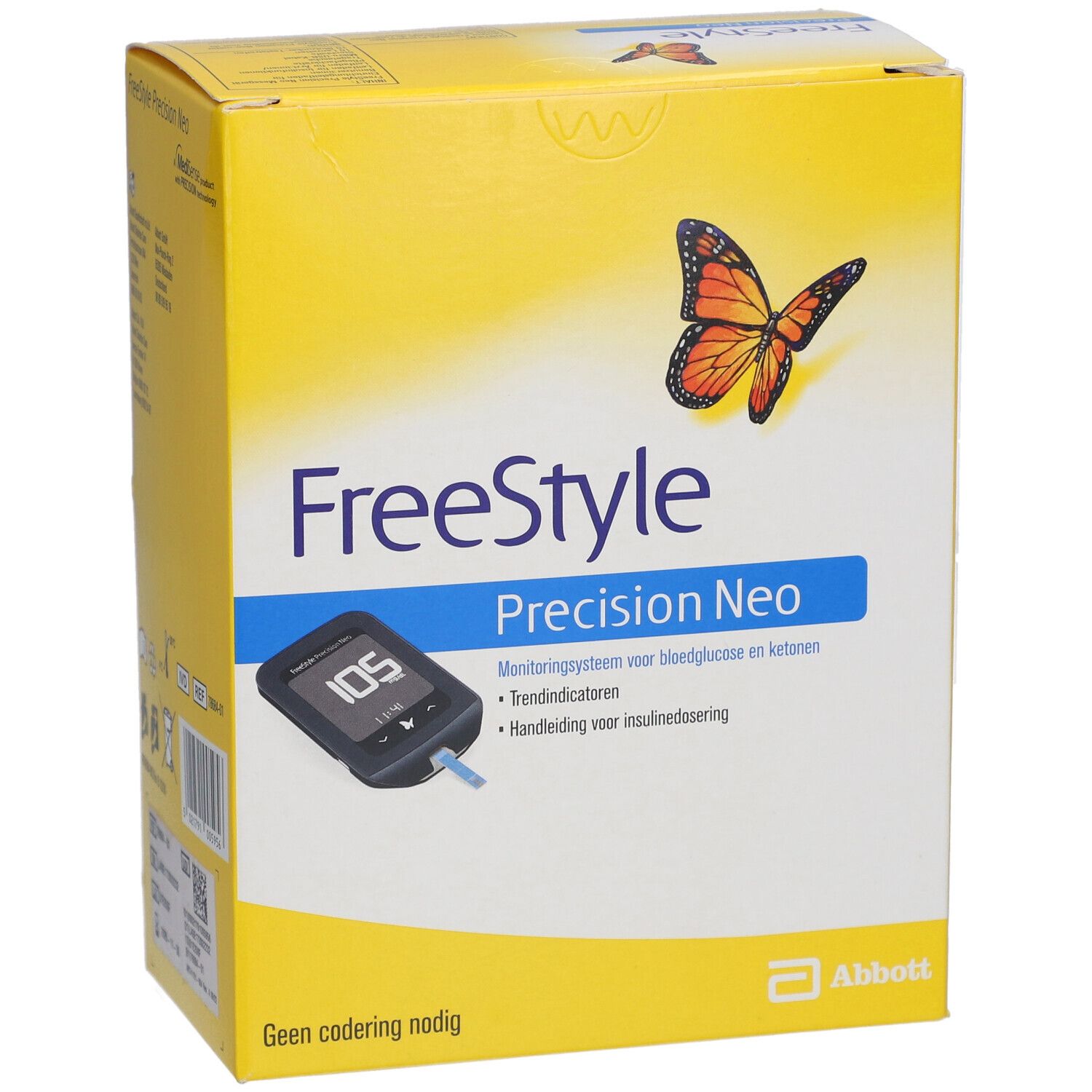 Boîte jaune avec logo "FreeStyle Precision Neo", papillon et image d'un lecteur de glycémie. Texte en allemand et néerlandais. Logo Abbott.