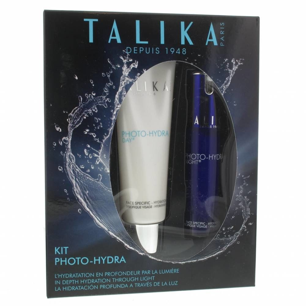 Coffret de soins du visage noir. Contient un tube blanc et un flacon bleu. Inscriptions : TALIKA, PHOTO-HYDRA. Kit PHOTO-HYDRA.