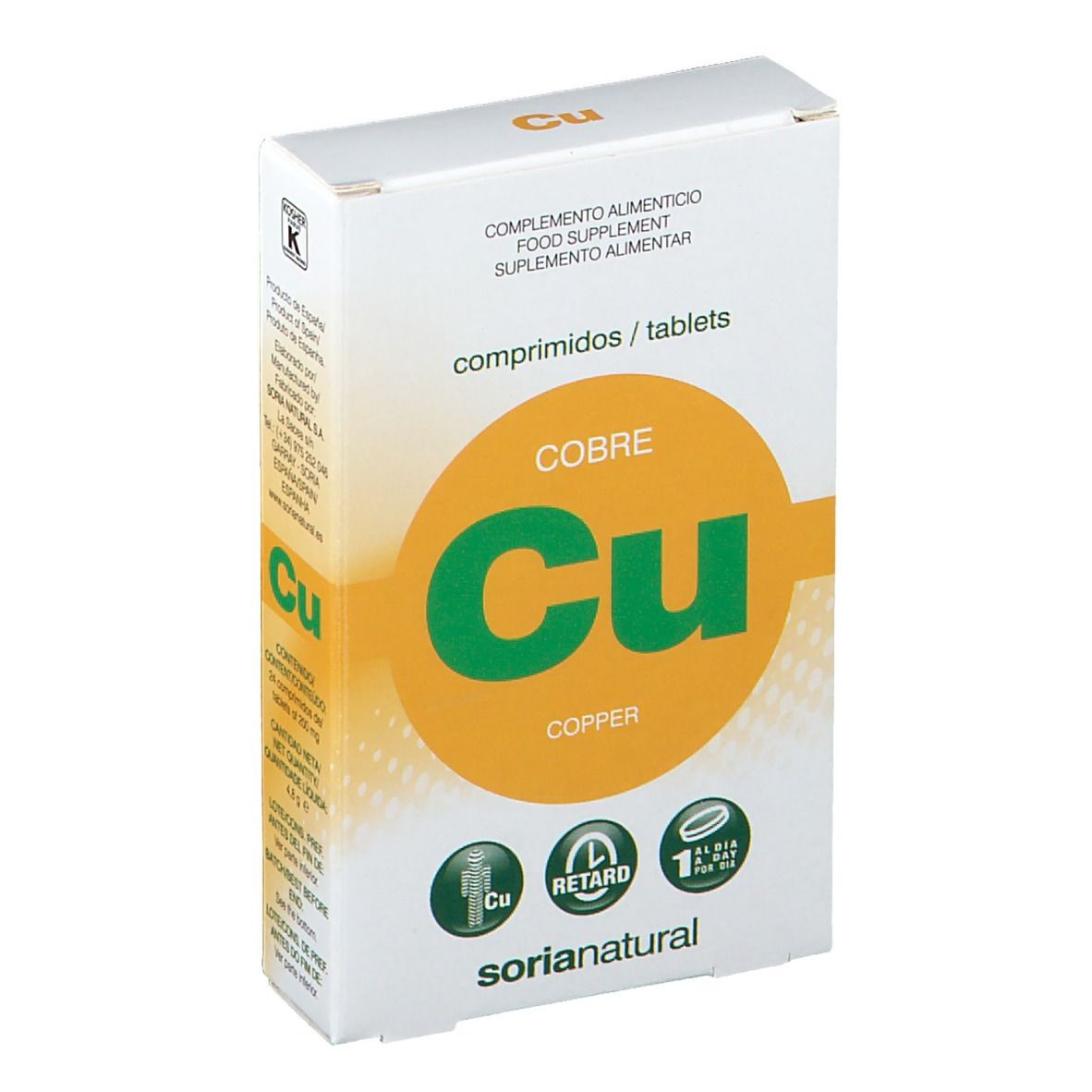 Doosje met tabletten. Opschrift 'Cu' en 'Cobre'. Merk: Soria Natural.